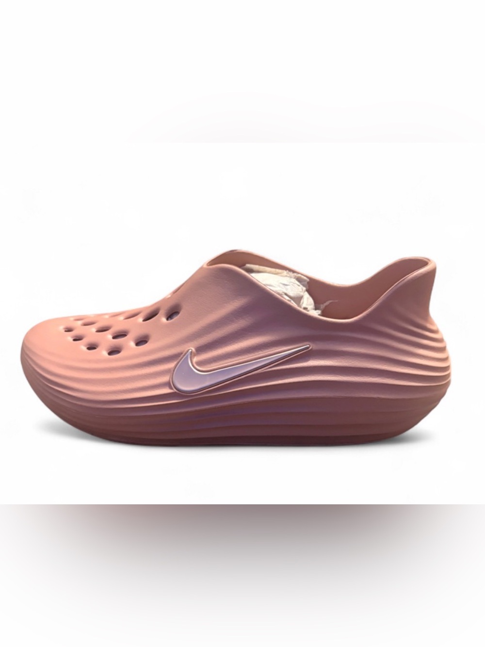 Nike Womenโs Dusty Pink Slip-On Clog with Swoosh